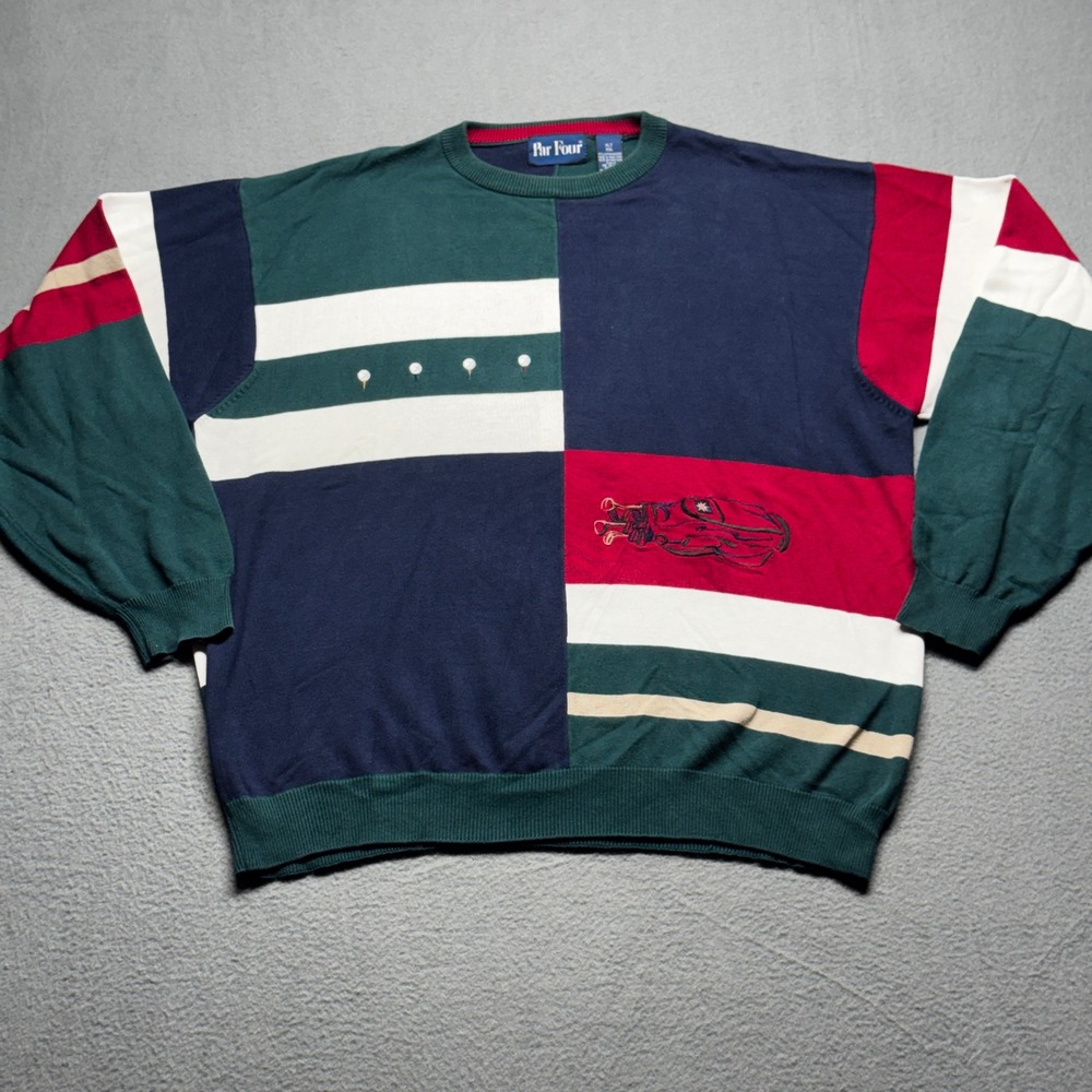 Par Four Vintage Golf Sweater Mens XLT Colorblock Embroidered Cotton Knit Navy